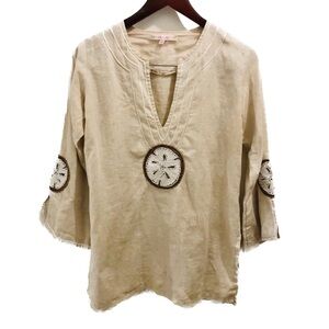 Barbara Gerwit Beaded Embroidered Tunic XS tan sand dollars linen